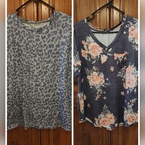 2 Shirt Xl Bundle Blue Leopard Print T-Shirt And Grey Flower Shirt